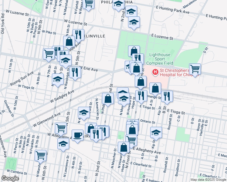 map of restaurants, bars, coffee shops, grocery stores, and more near 187 West Glenwood Avenue in Philadelphia