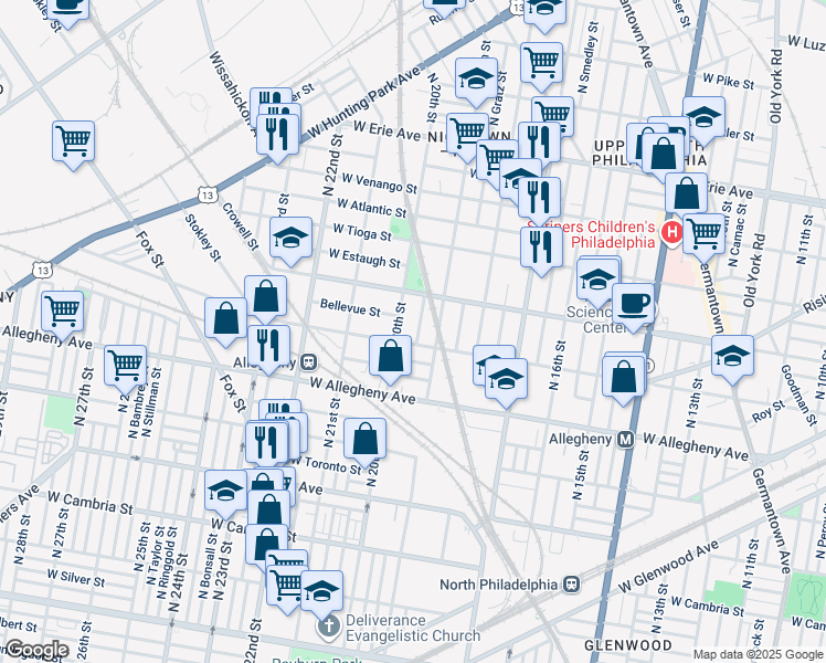 map of restaurants, bars, coffee shops, grocery stores, and more near 3314 North Uber Street in Philadelphia