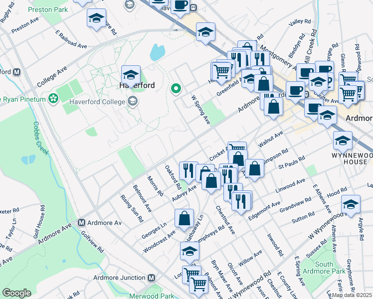 map of restaurants, bars, coffee shops, grocery stores, and more near 803 Ardmore Avenue in Ardmore