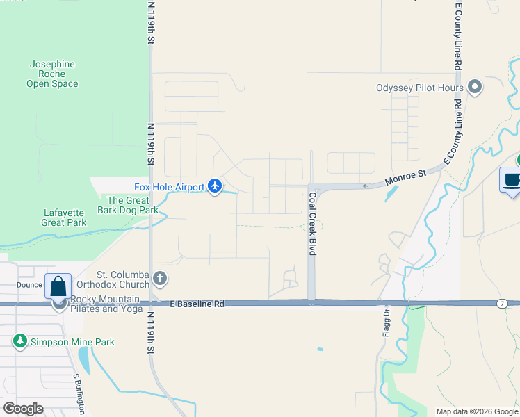 map of restaurants, bars, coffee shops, grocery stores, and more near 12177 East Baseline Road in Lafayette