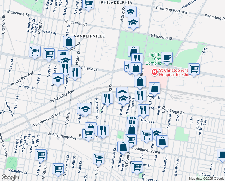 map of restaurants, bars, coffee shops, grocery stores, and more near 191 West Glenwood Avenue in Philadelphia