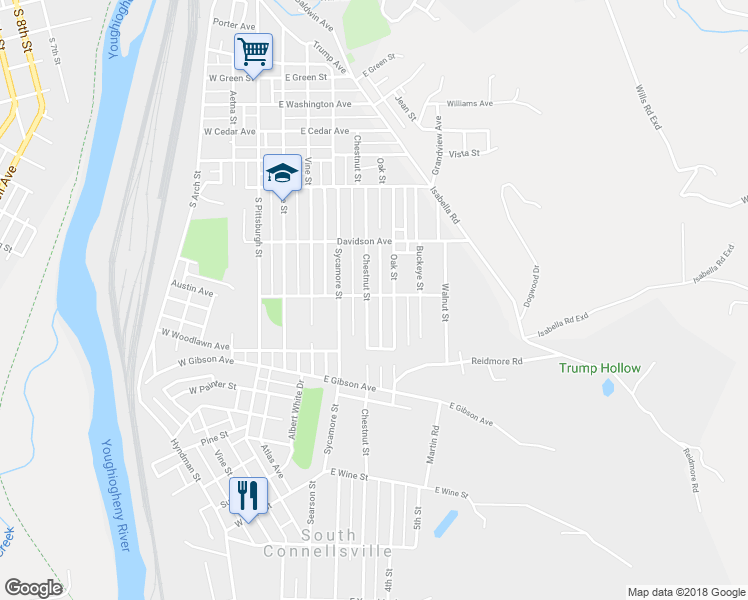 map of restaurants, bars, coffee shops, grocery stores, and more near 1301 Chestnut Street in Connellsville