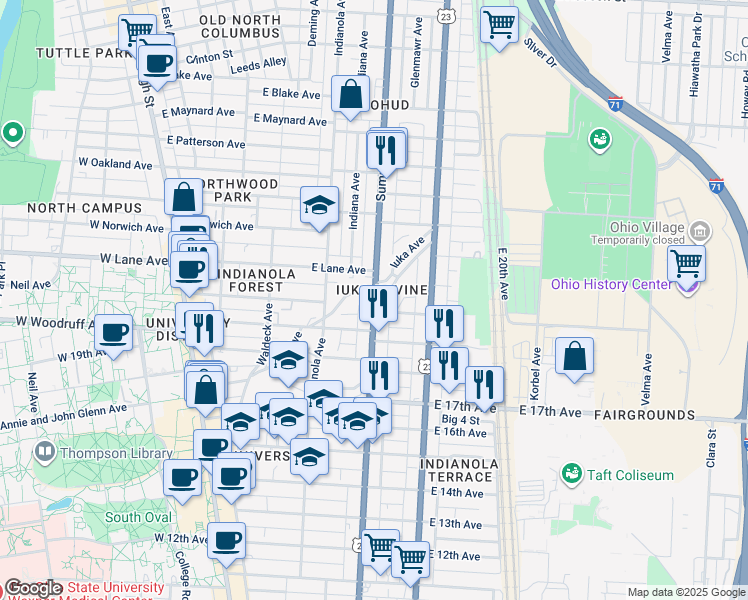 map of restaurants, bars, coffee shops, grocery stores, and more near 2034 Iuka Avenue in Columbus
