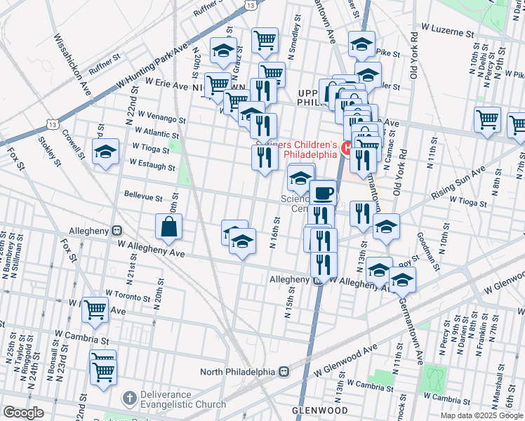 map of restaurants, bars, coffee shops, grocery stores, and more near 3346 North Smedley Street in Philadelphia