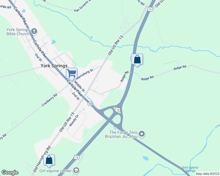 map of restaurants, bars, coffee shops, grocery stores, and more near 90 Ridge Road in York Springs