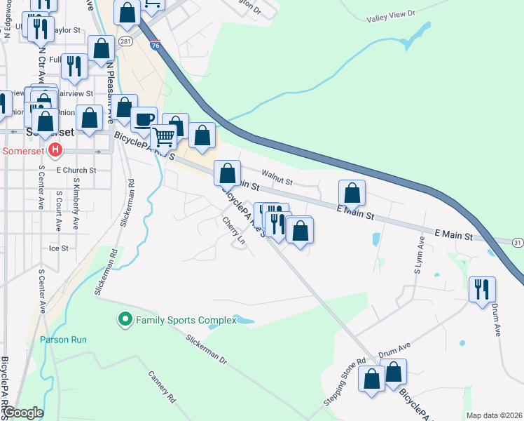 map of restaurants, bars, coffee shops, grocery stores, and more near 139 Oak Street in Somerset