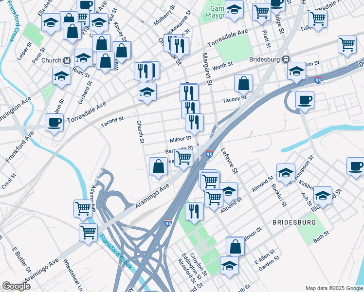 map of restaurants, bars, coffee shops, grocery stores, and more near 4544 Bermuda Street in Philadelphia