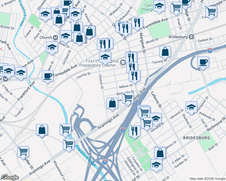 map of restaurants, bars, coffee shops, grocery stores, and more near 4338 Milnor Street in Philadelphia