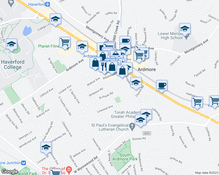 map of restaurants, bars, coffee shops, grocery stores, and more near in Ardmore