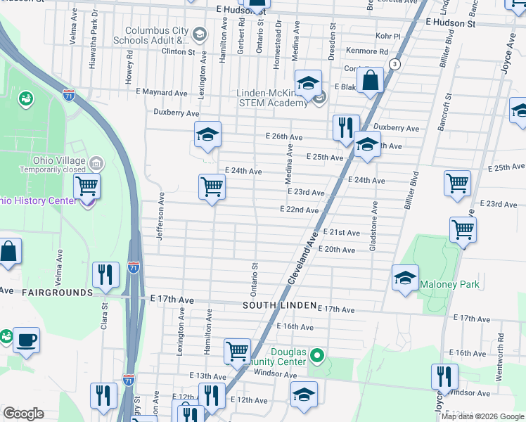 map of restaurants, bars, coffee shops, grocery stores, and more near 1172 East 22nd Avenue in Columbus