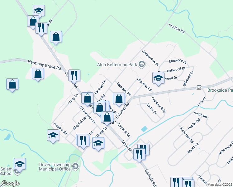 map of restaurants, bars, coffee shops, grocery stores, and more near 11 Willow Run Road in Dover