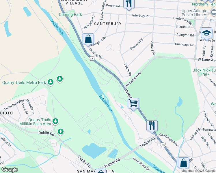 map of restaurants, bars, coffee shops, grocery stores, and more near 2555 Shore Line Lane in Columbus
