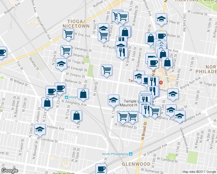 map of restaurants, bars, coffee shops, grocery stores, and more near 3335 North 18th Street in Philadelphia