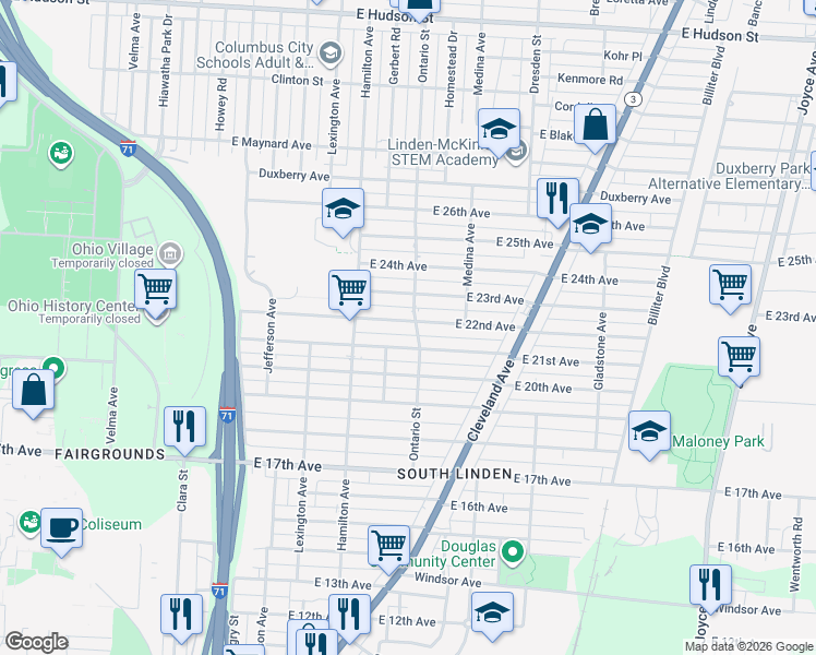 map of restaurants, bars, coffee shops, grocery stores, and more near 1172 East 22nd Avenue in Columbus