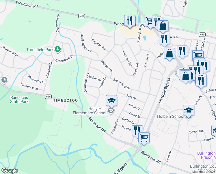 map of restaurants, bars, coffee shops, grocery stores, and more near 19 Lancaster Court in Westampton