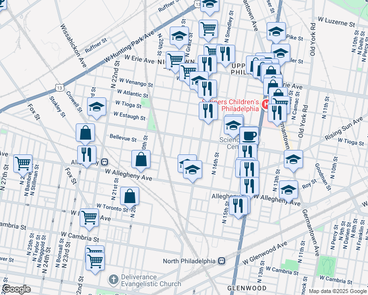 map of restaurants, bars, coffee shops, grocery stores, and more near 3335 North 18th Street in Philadelphia