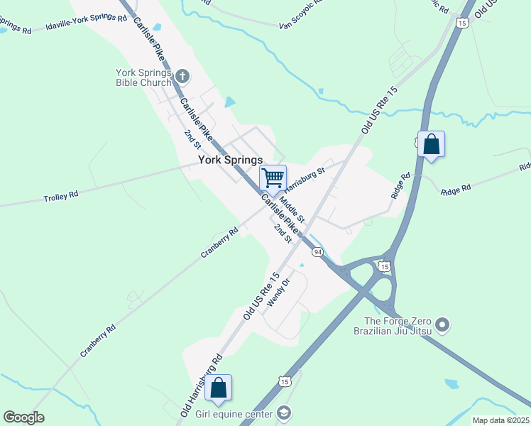 map of restaurants, bars, coffee shops, grocery stores, and more near 163 Main Street in York Springs