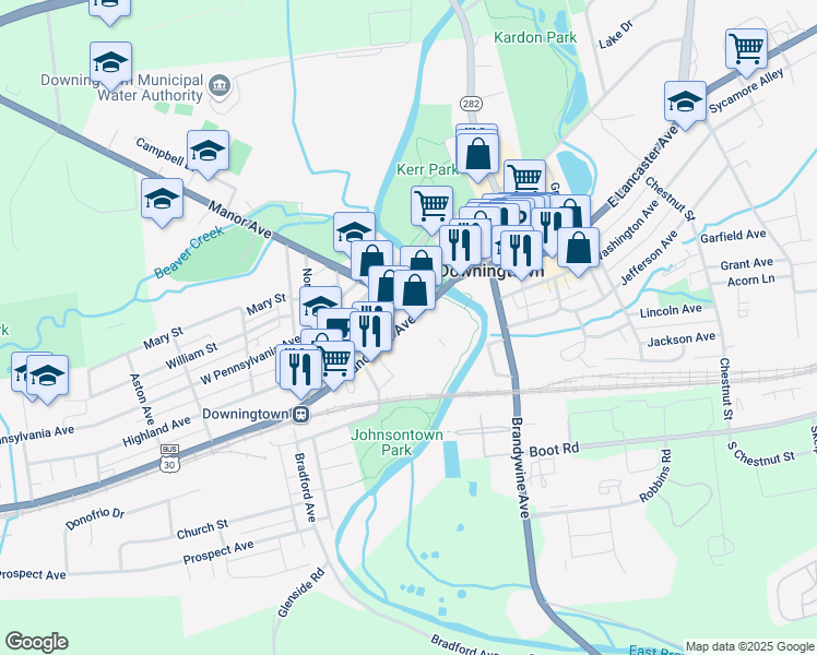 map of restaurants, bars, coffee shops, grocery stores, and more near 40 West Lancaster Avenue in Downingtown