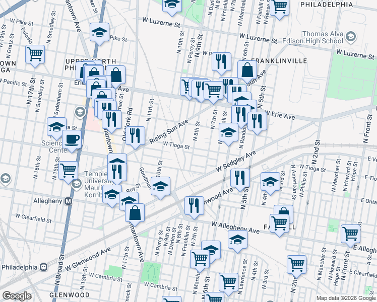 map of restaurants, bars, coffee shops, grocery stores, and more near 801 West Tioga Street in Philadelphia