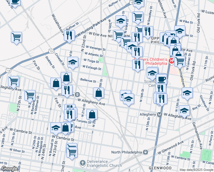 map of restaurants, bars, coffee shops, grocery stores, and more near 3319 North Uber Street in Philadelphia