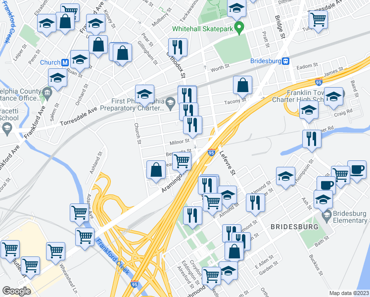 map of restaurants, bars, coffee shops, grocery stores, and more near 4554 Bermuda Street in Philadelphia
