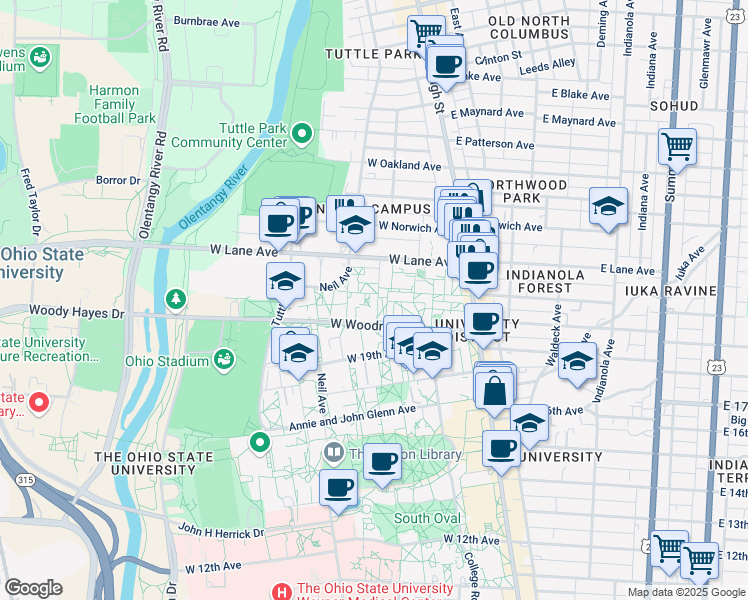 map of restaurants, bars, coffee shops, grocery stores, and more near 146 West Woodruff Avenue in Columbus