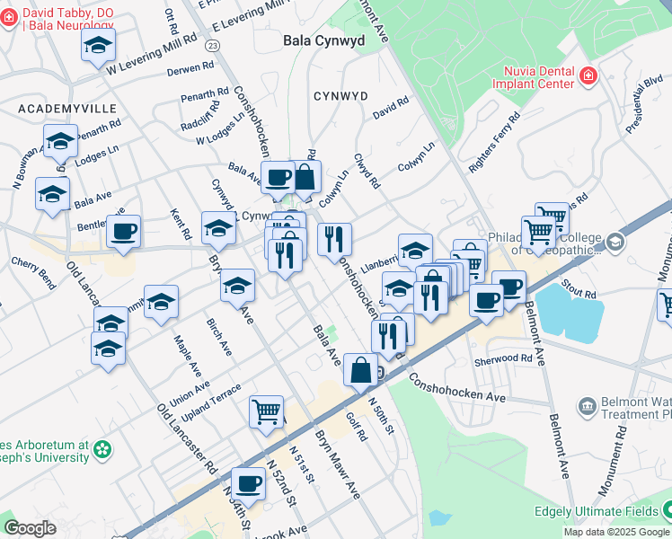 map of restaurants, bars, coffee shops, grocery stores, and more near 1 Union Avenue in Bala Cynwyd