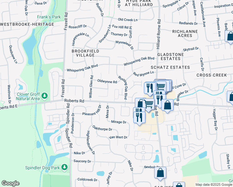 map of restaurants, bars, coffee shops, grocery stores, and more near 5652 Roberts Road in Hilliard