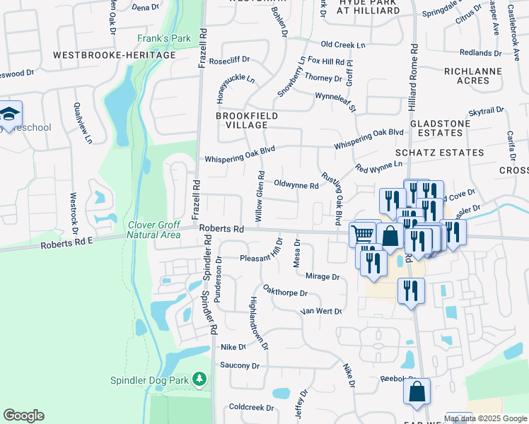 map of restaurants, bars, coffee shops, grocery stores, and more near 2635 Willow Glen Road in Hilliard