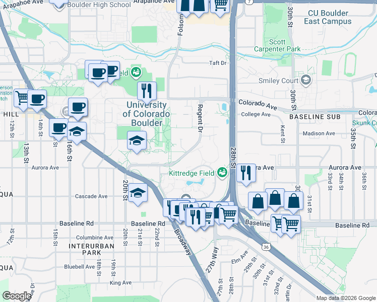 map of restaurants, bars, coffee shops, grocery stores, and more near Regent Drive in Boulder