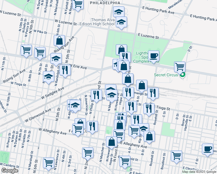 map of restaurants, bars, coffee shops, grocery stores, and more near 143 West Glenwood Avenue in Philadelphia