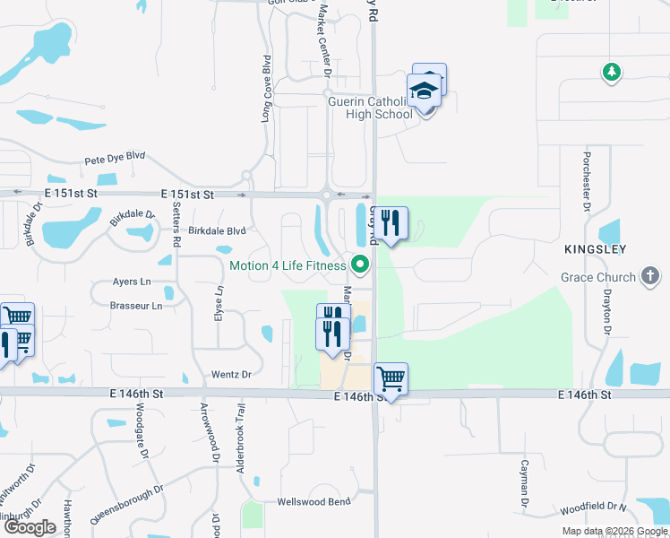 map of restaurants, bars, coffee shops, grocery stores, and more near 14916 Riverdale Drive South in Carmel