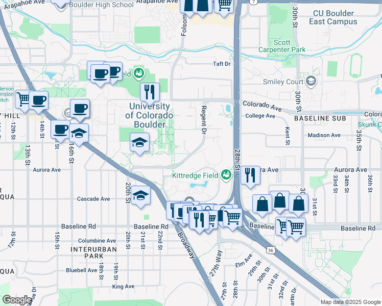 map of restaurants, bars, coffee shops, grocery stores, and more near 995 Regent Dr in Boulder