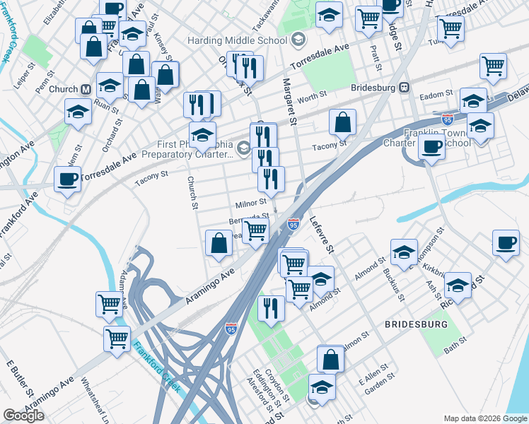 map of restaurants, bars, coffee shops, grocery stores, and more near 2380 Orthodox Street in Philadelphia