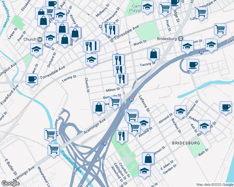 map of restaurants, bars, coffee shops, grocery stores, and more near 4554 Bermuda Street in Philadelphia