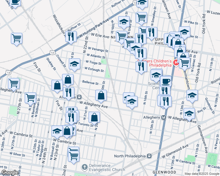 map of restaurants, bars, coffee shops, grocery stores, and more near 3319 North Uber Street in Philadelphia