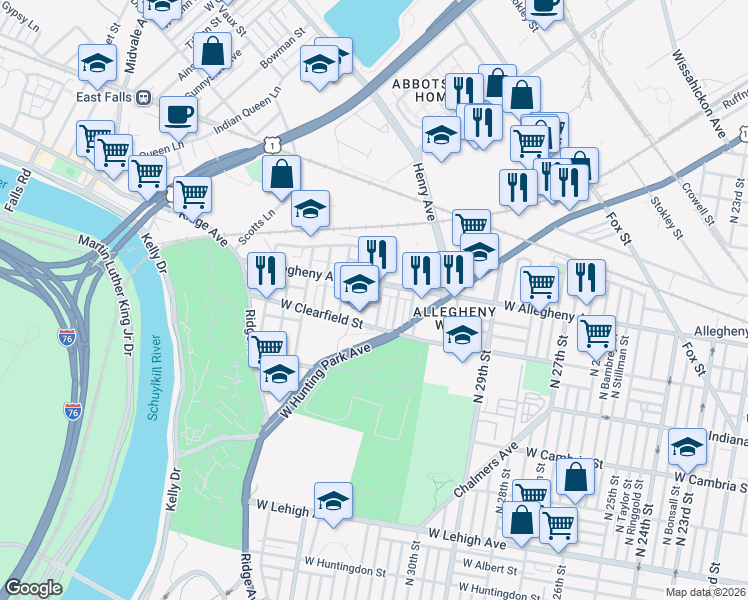 map of restaurants, bars, coffee shops, grocery stores, and more near 3158 West Allegheny Avenue in Philadelphia