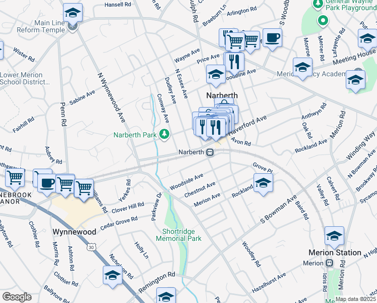 map of restaurants, bars, coffee shops, grocery stores, and more near 105 Conway Avenue in Narberth