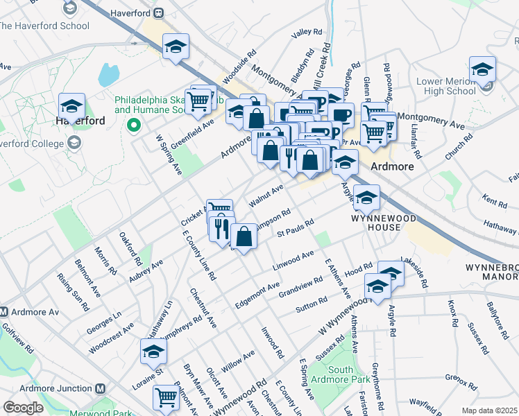 map of restaurants, bars, coffee shops, grocery stores, and more near 125 Walnut Avenue in Ardmore
