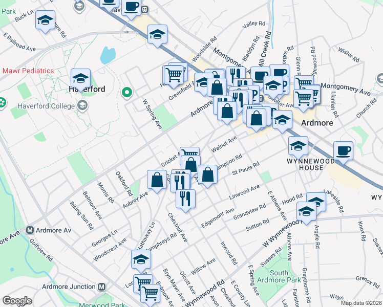 map of restaurants, bars, coffee shops, grocery stores, and more near 145 Cricket Avenue in Ardmore