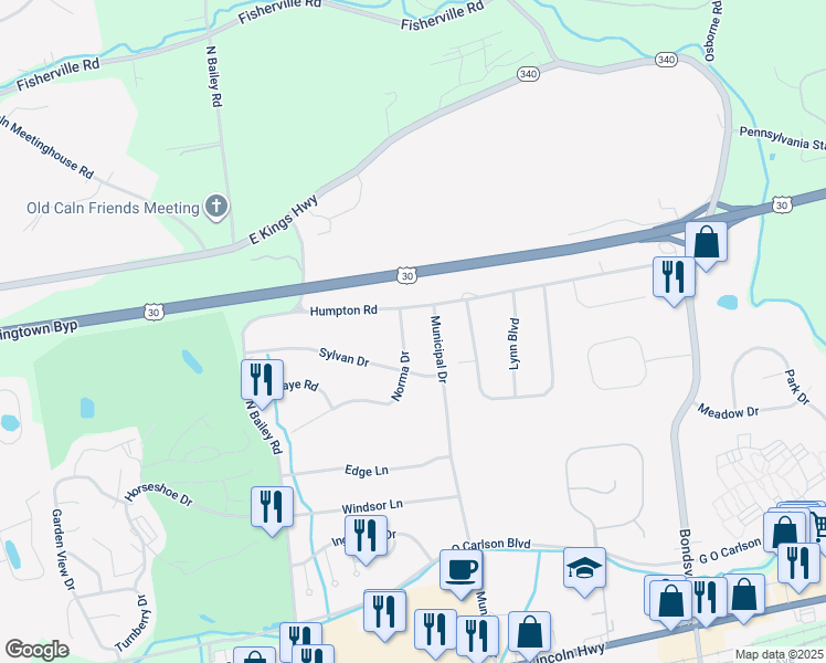 map of restaurants, bars, coffee shops, grocery stores, and more near 607 Norma Drive in Thorndale