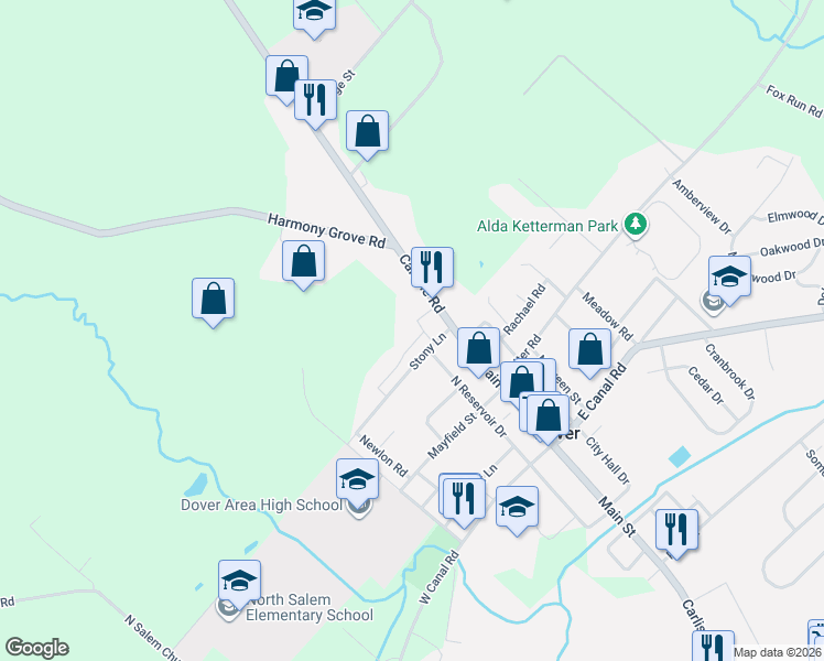map of restaurants, bars, coffee shops, grocery stores, and more near 118 North Main Street in Dover