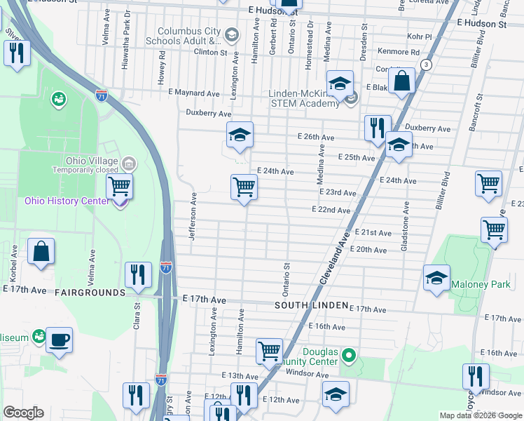 map of restaurants, bars, coffee shops, grocery stores, and more near 1123 East 22nd Avenue in Columbus