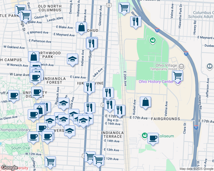 map of restaurants, bars, coffee shops, grocery stores, and more near 401 East Lane Avenue in Columbus