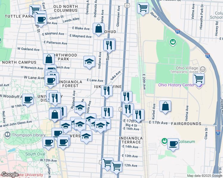 map of restaurants, bars, coffee shops, grocery stores, and more near 2086 Iuka Avenue in Columbus