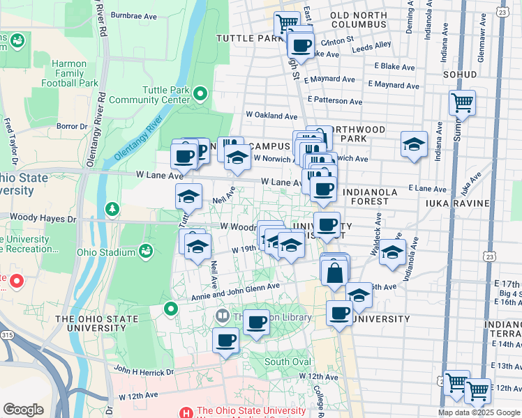 map of restaurants, bars, coffee shops, grocery stores, and more near 146 West Woodruff Avenue in Columbus