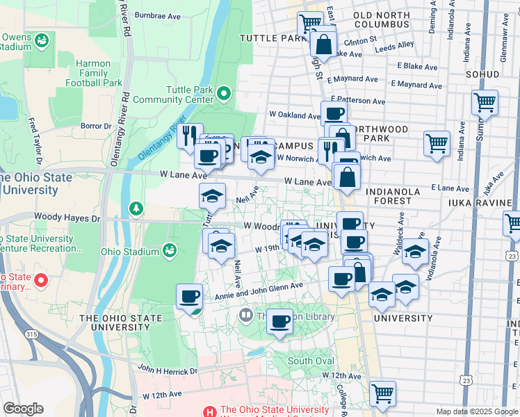 map of restaurants, bars, coffee shops, grocery stores, and more near 2108 Neil Avenue in Columbus