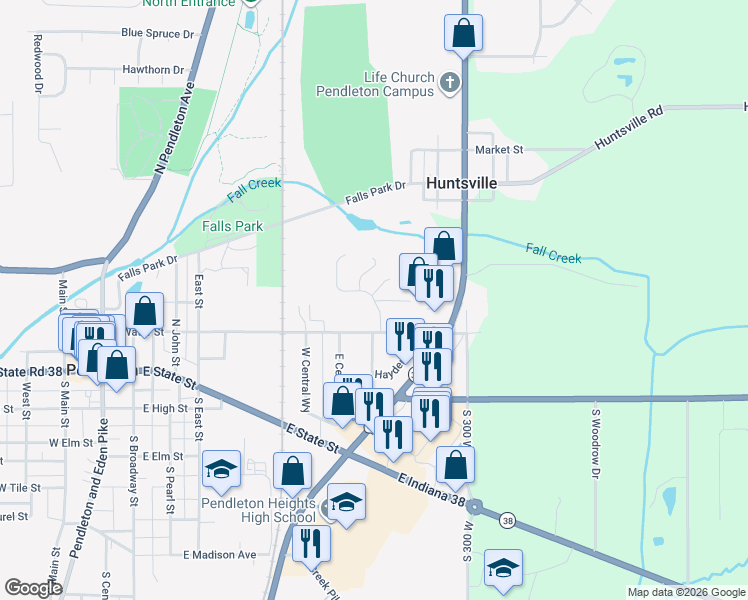 map of restaurants, bars, coffee shops, grocery stores, and more near 350 JH Walker Drive in Pendleton