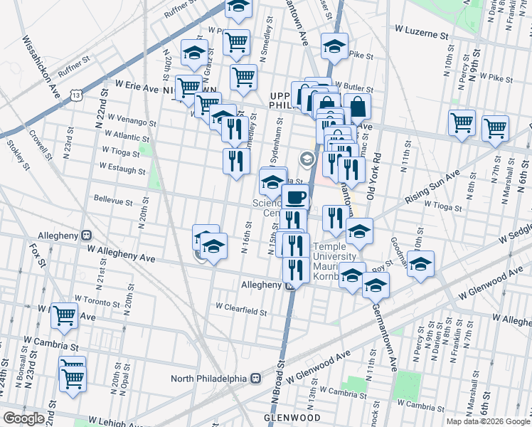 map of restaurants, bars, coffee shops, grocery stores, and more near 1520 West Ontario Street in Philadelphia