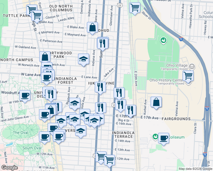map of restaurants, bars, coffee shops, grocery stores, and more near 2076 Iuka Avenue in Columbus